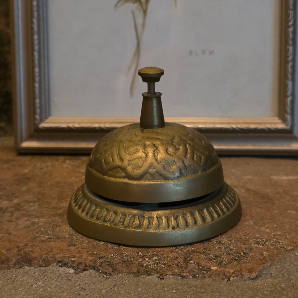 Solid Brass Antique Victorian Era Desk Bell Raised Scrollwork Hotel Counter Bell